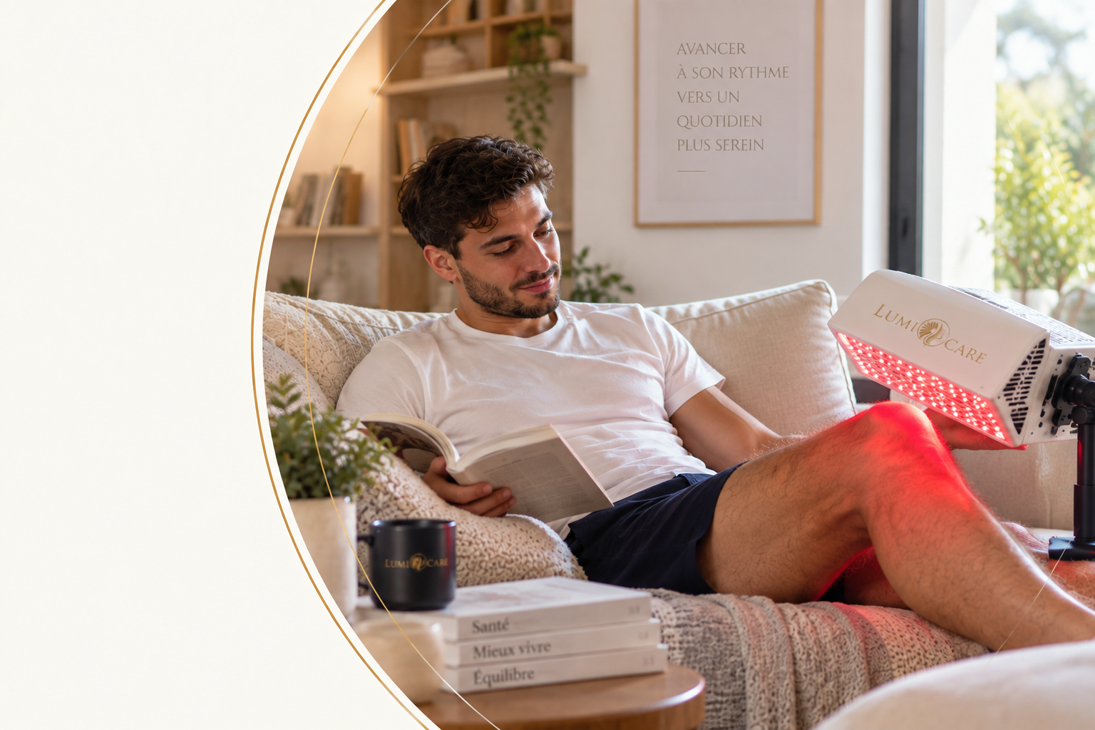 Un patient installé confortablement sur son canapé, un livre à la main, pendant une séance de photobiomodulation à domicile avec un dispositif LUMIOCARE diffusant une lumière rouge sur sa jambe.