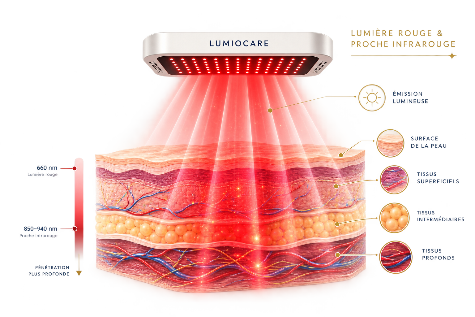 Illustration LUMIOCARE : un panneau de photobiomodulation émet une lumière rouge et proche infrarouge sur une coupe des tissus. La lumière rouge à 660 nm agit sur la surface de la peau et les tissus superficiels, le proche infrarouge à 850–940 nm atteint les tissus intermédiaires et profonds.